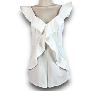 LUXXEL White Ruffle Romper One Piece Shorts Outfit Jumper Flutter Sleeves Small